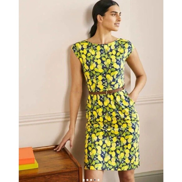 Boden Dresses & Skirts - Boden Navy Midi Dress with Yellow Lemon Print